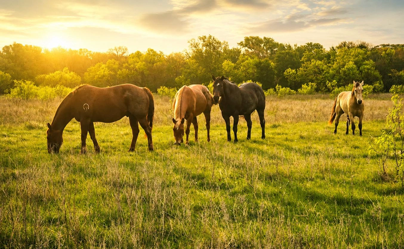 Horses grazing in a sunlit pasture at Warrior Ranch supporting veterans through ranching programs